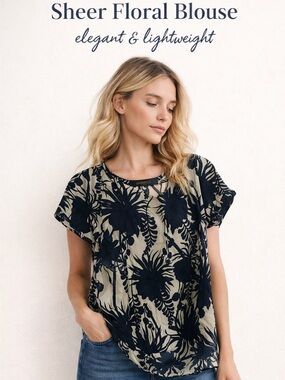 Animale Sheer Floral Blouse Black & Cream Silk Top Short Sleeve Size 36